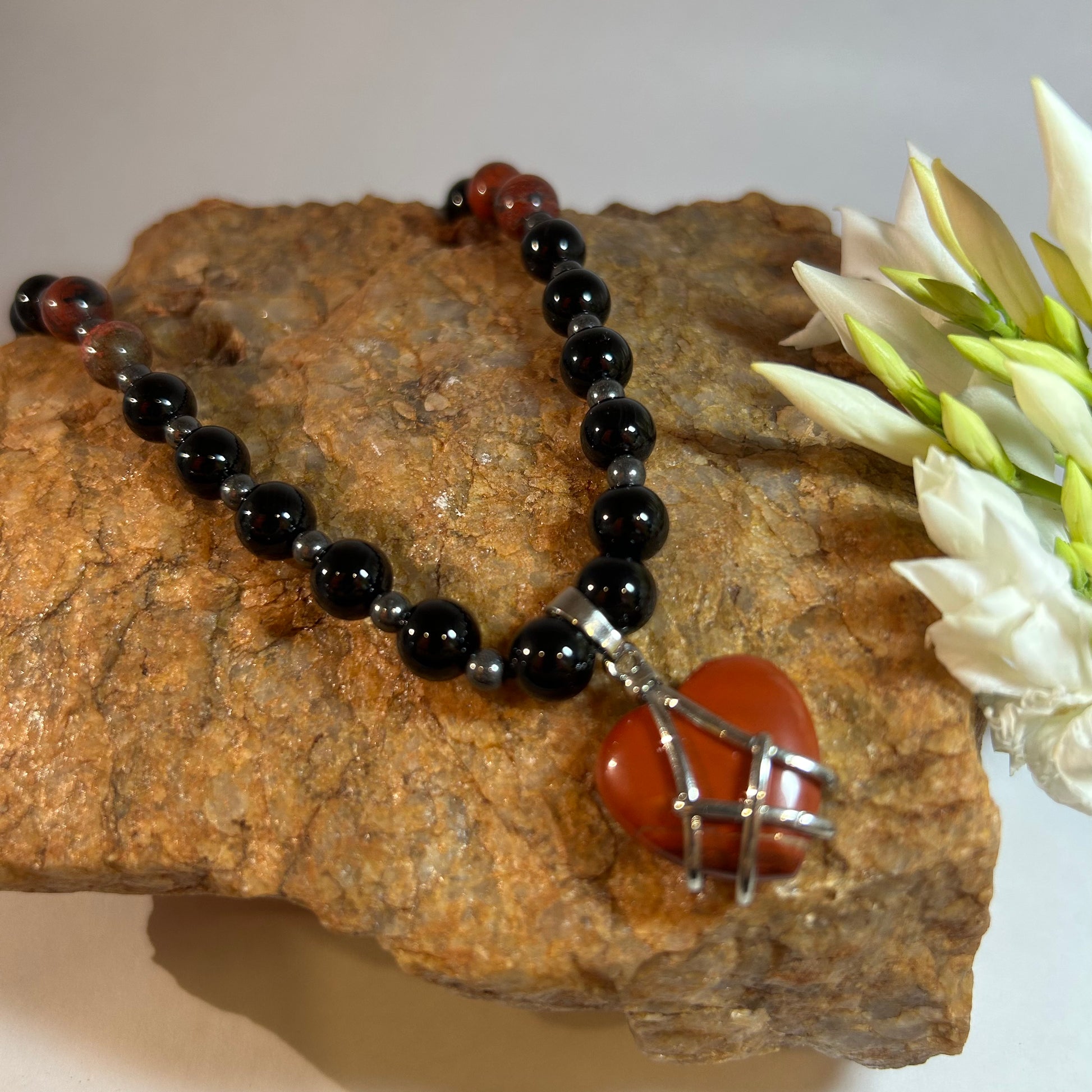Shielded Heart: Red Jasper & Black Agate Grounding Necklace