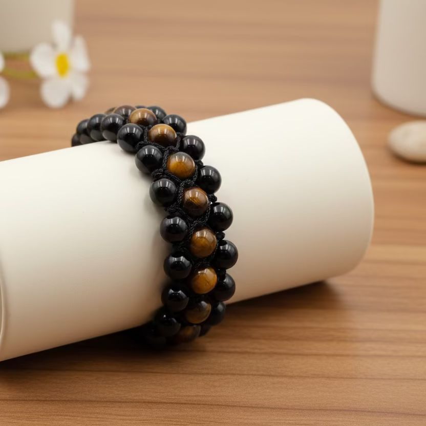Triple Guard: Black Agate & Tiger Eye Stacked Bracelet for Focus & Protection
