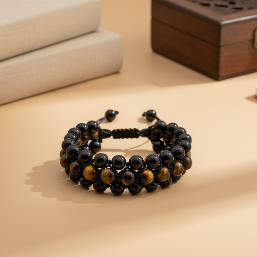 Triple Guard: Black Agate & Tiger Eye Stacked Bracelet for Focus & Protection