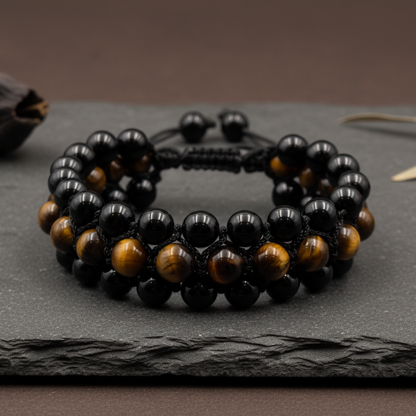 Triple Guard: Black Agate & Tiger Eye Stacked Bracelet for Focus & Protection