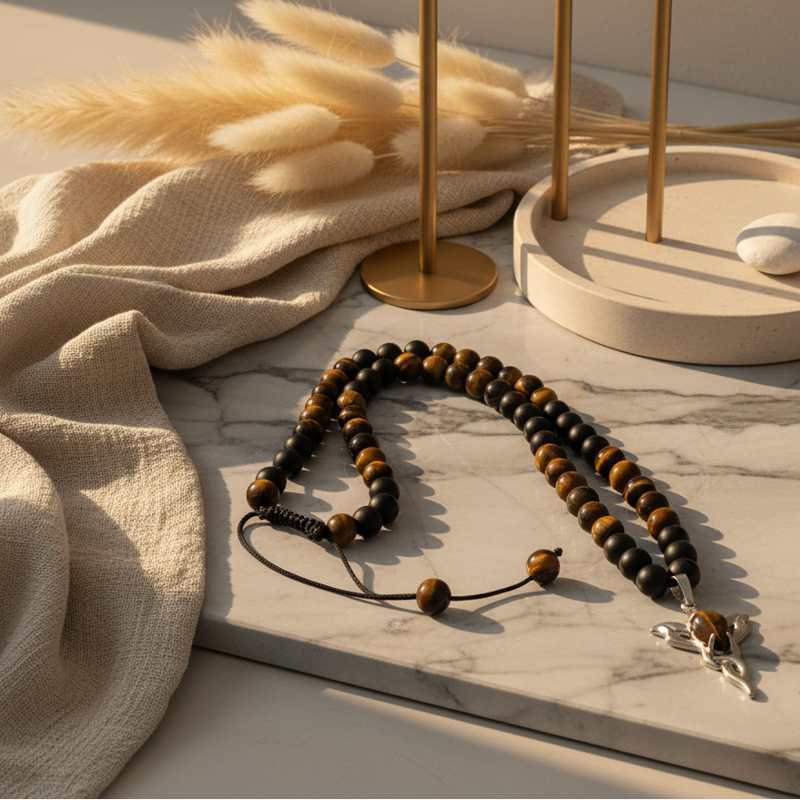 Ground & Ignite: Onyx + Tiger Eye Necklace with Tiger Eye Flame Pendant