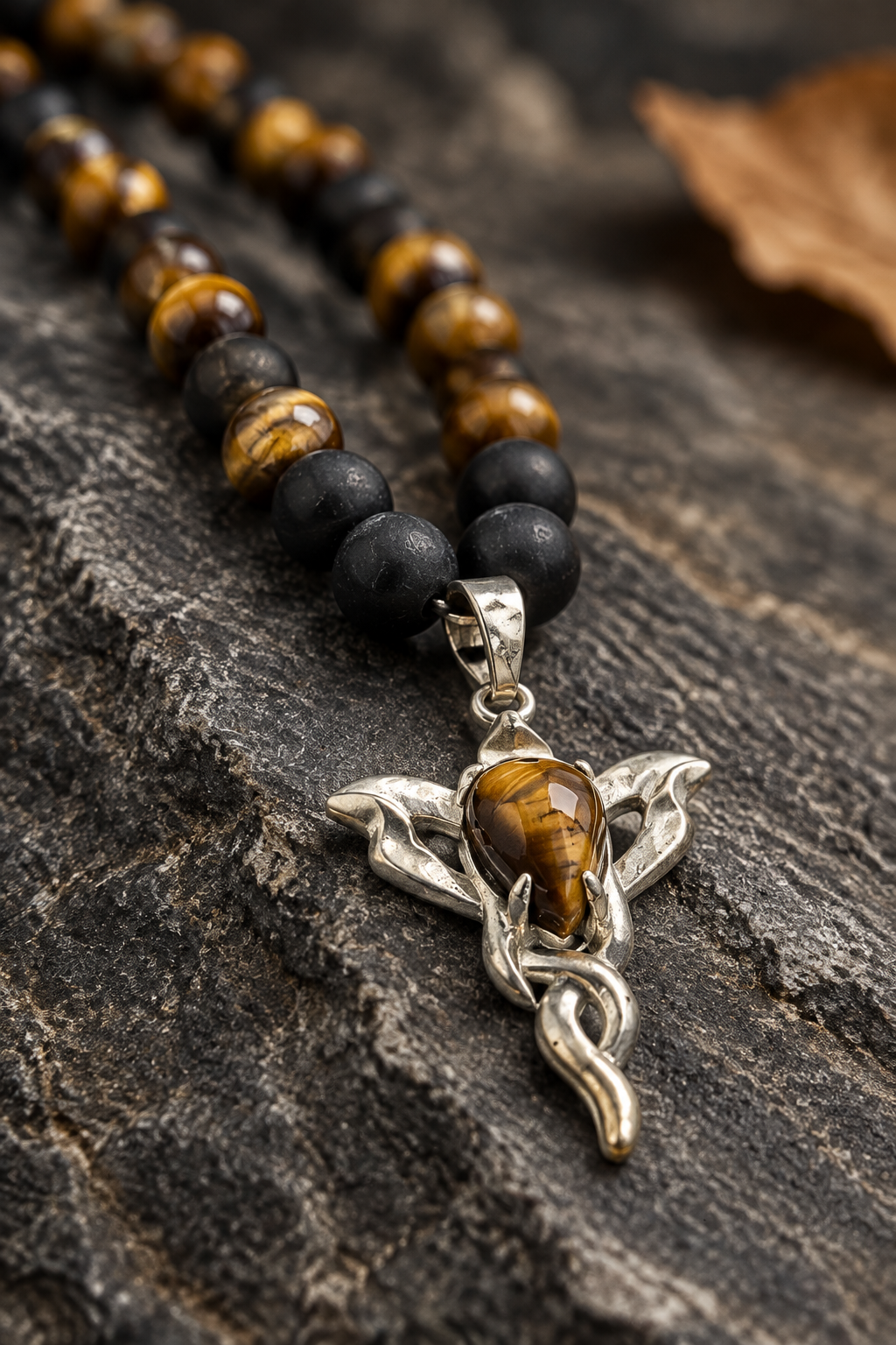 Ground & Ignite: Onyx + Tiger Eye Necklace with Tiger Eye Flame Pendant