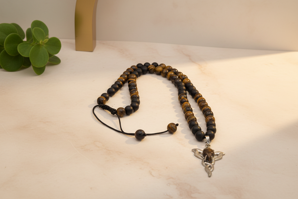 Ground & Ignite: Onyx + Tiger Eye Necklace with Tiger Eye Flame Pendant