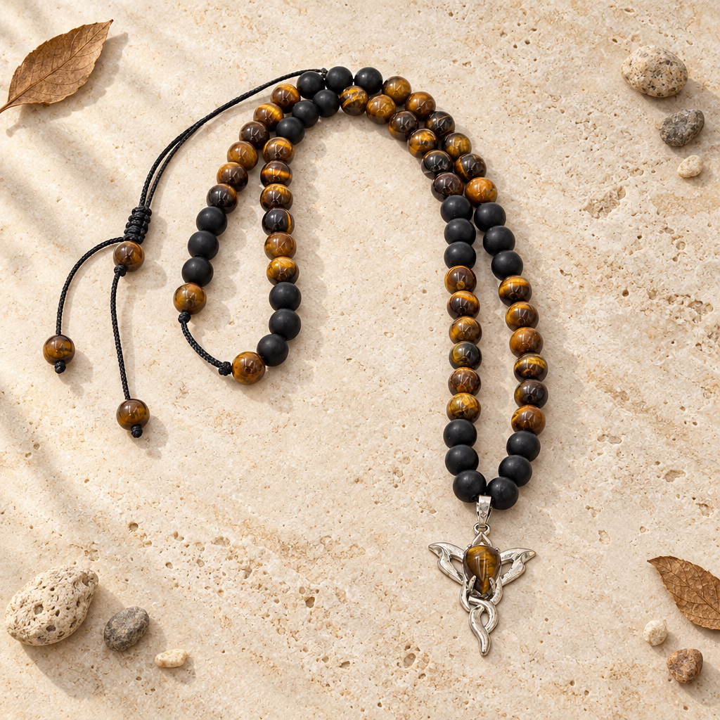 Ground & Ignite: Onyx + Tiger Eye Necklace with Tiger Eye Flame Pendant