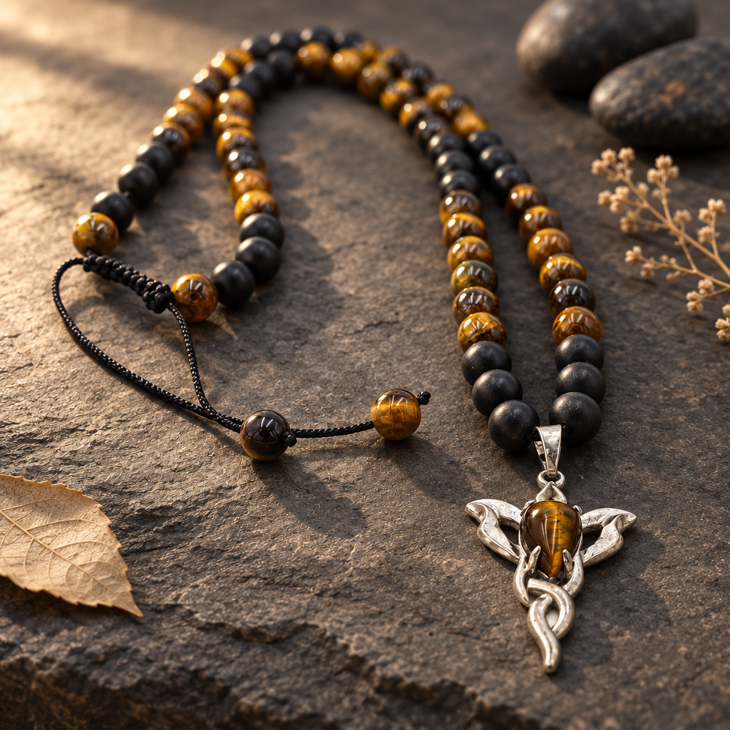 Ground & Ignite: Onyx + Tiger Eye Necklace with Tiger Eye Flame Pendant
