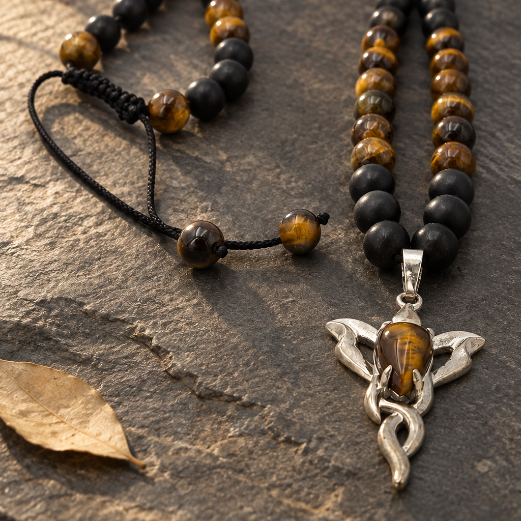 Ground & Ignite: Onyx + Tiger Eye Necklace with Tiger Eye Flame Pendant
