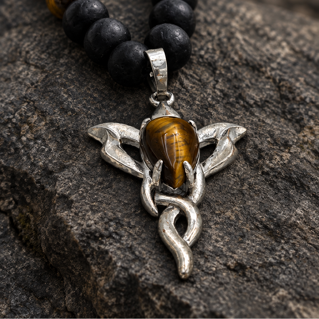 Ground & Ignite: Onyx + Tiger Eye Necklace with Tiger Eye Flame Pendant