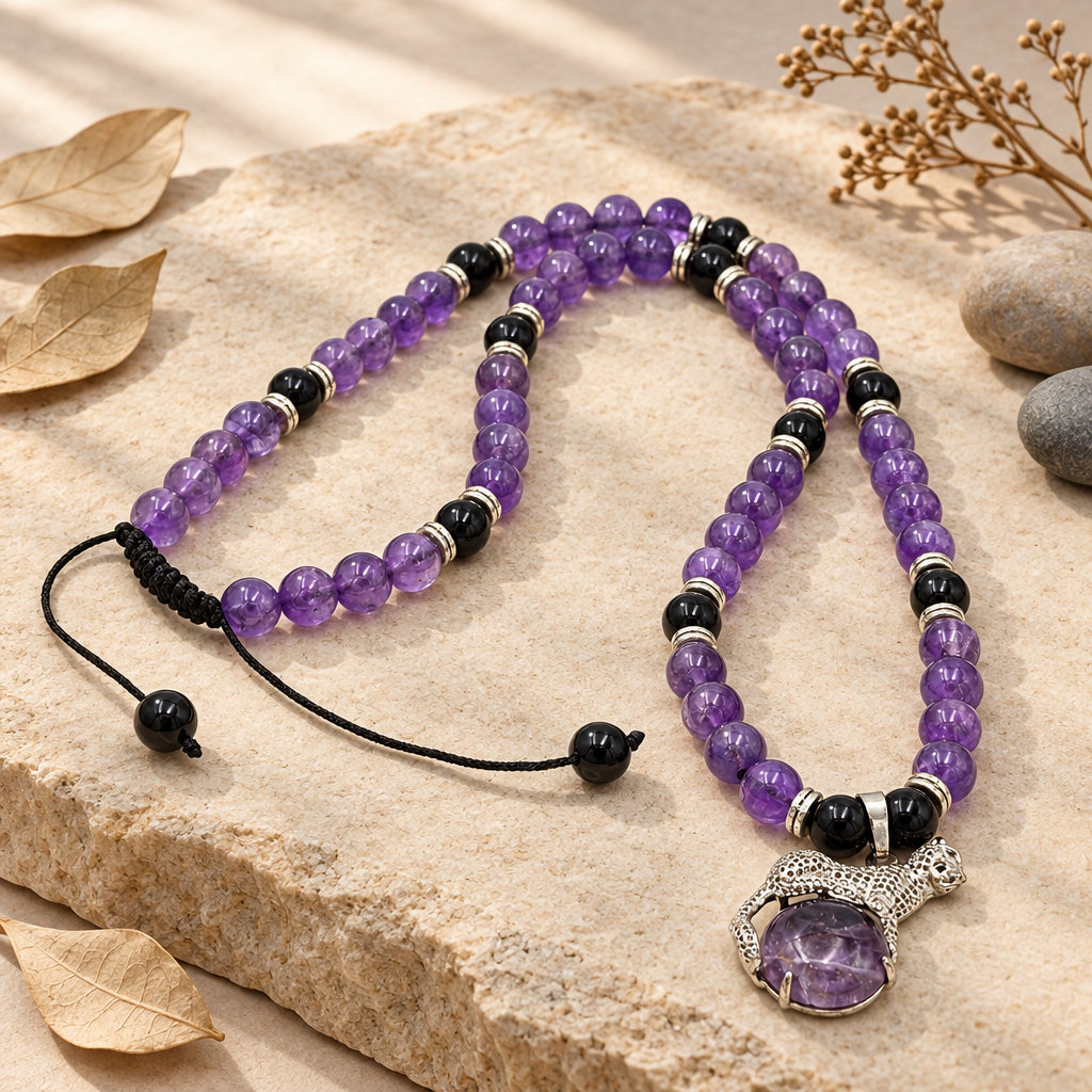 Silent Strength: Black Agate & Amethyst Necklace with Panther Pendant
