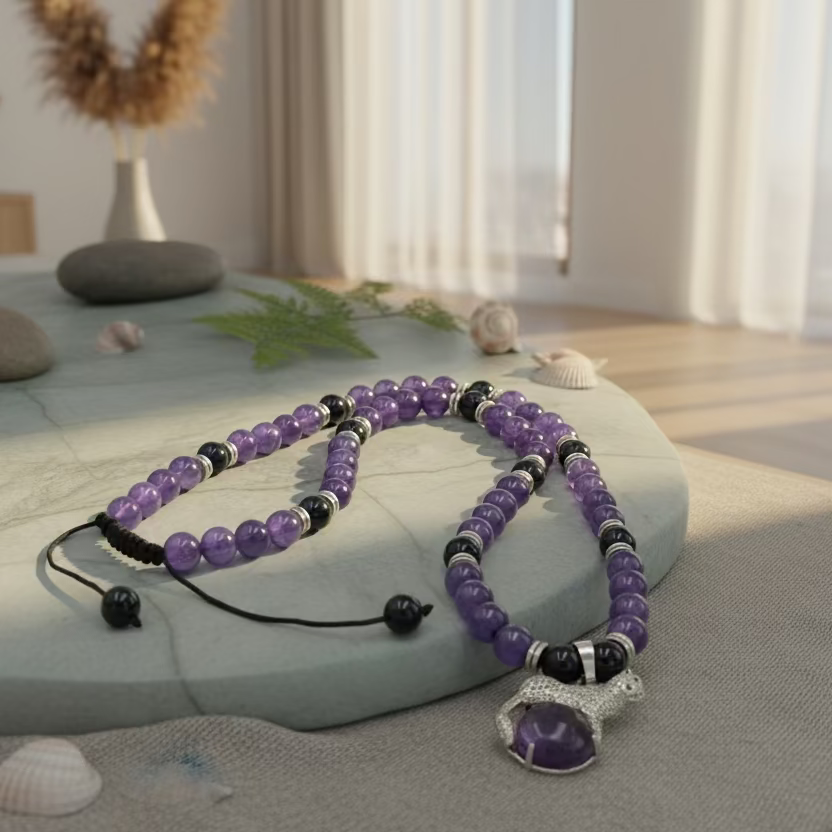 Silent Strength: Black Agate & Amethyst Necklace with Panther Pendant