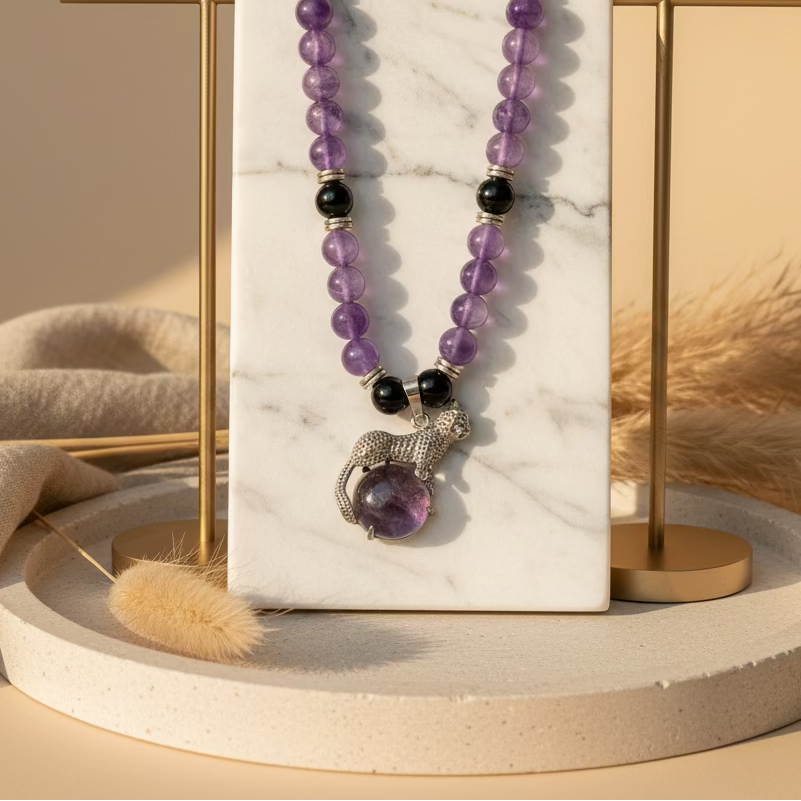 Silent Strength: Black Agate & Amethyst Necklace with Panther Pendant