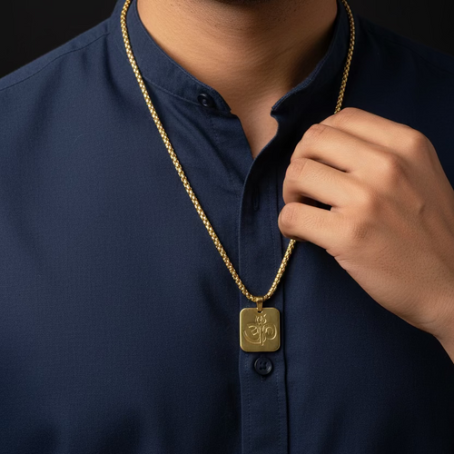 Divine Edge: Golden Stainless Steel Om Trishul Necklace
