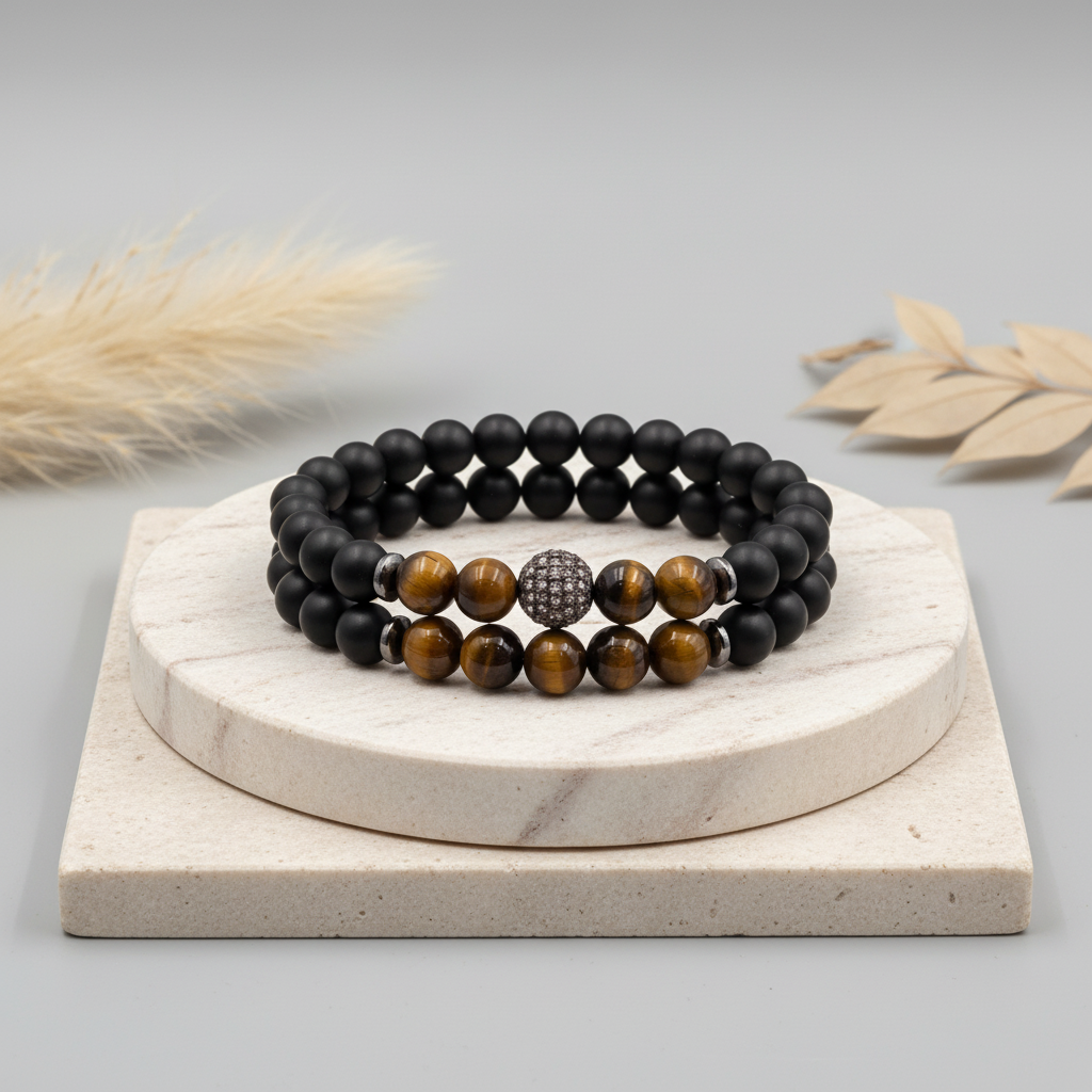 The Protector Set | Onyx & Tiger Eye with Signature Silver Charm