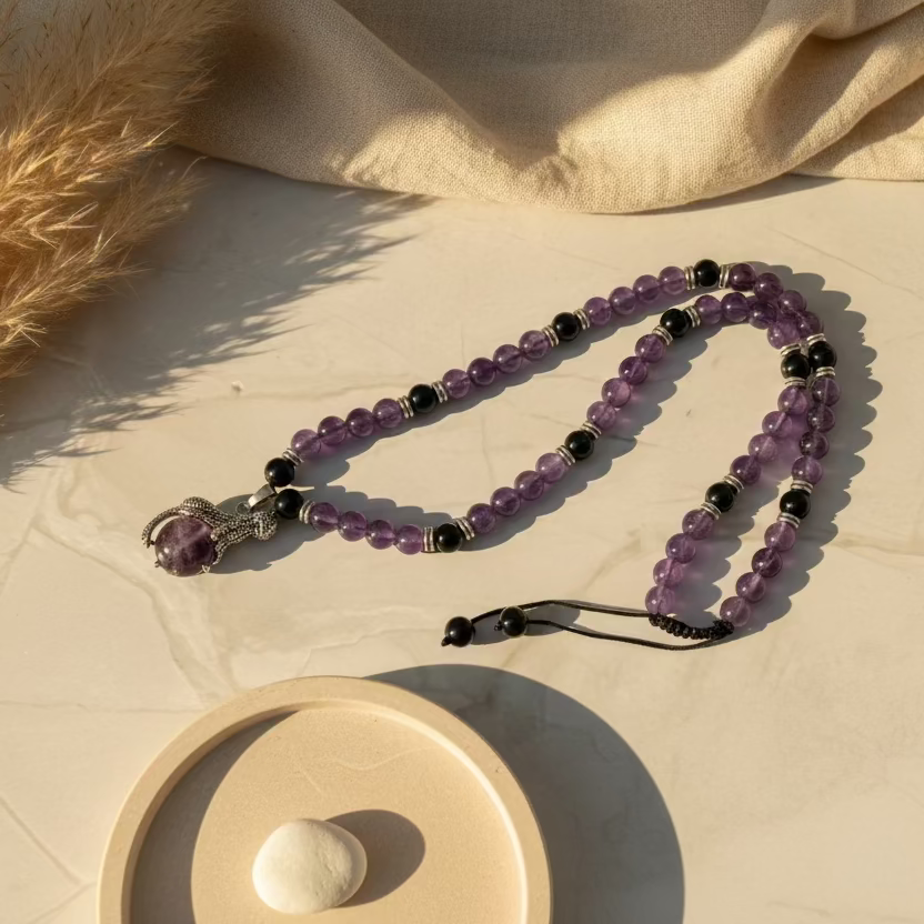 Silent Strength: Black Agate & Amethyst Necklace with Panther Pendant