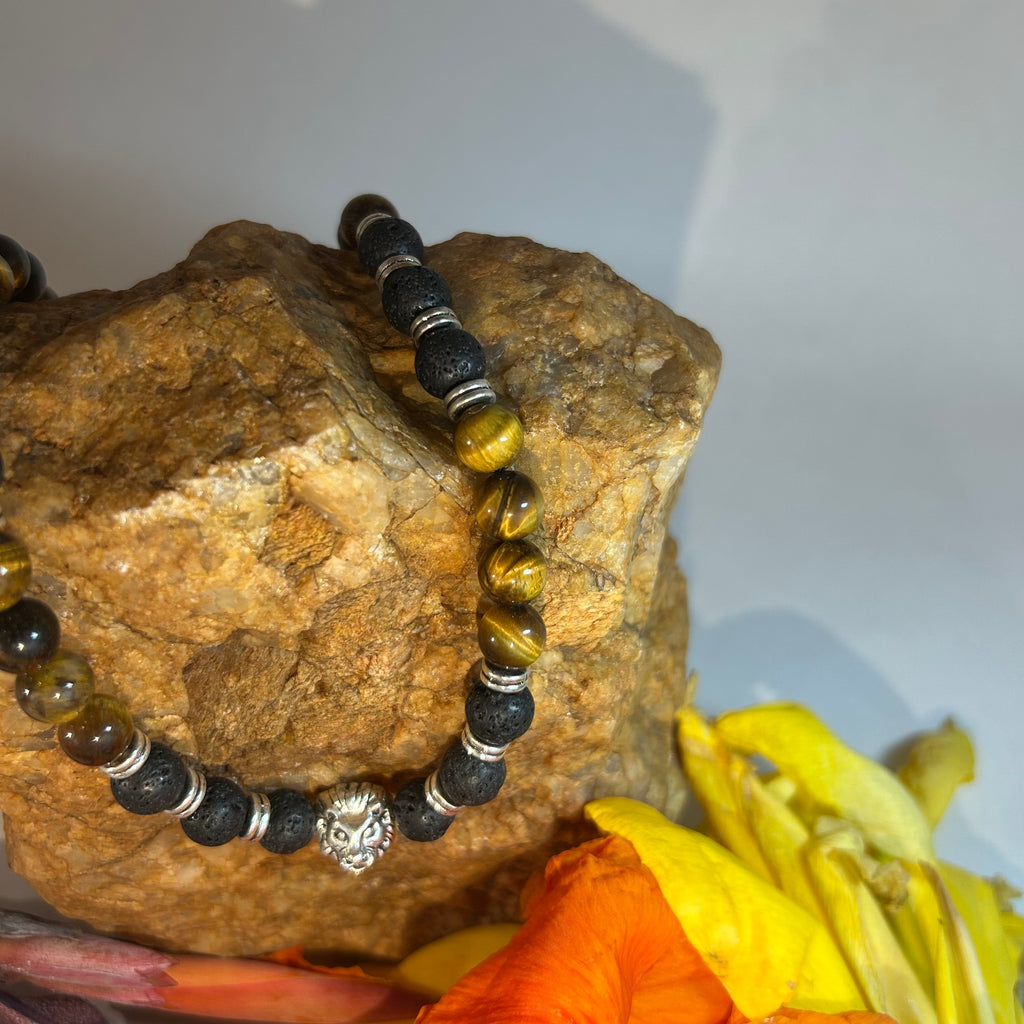 Inner Fire: Lava & Tiger Eye Strength Necklace with Tiger Charm