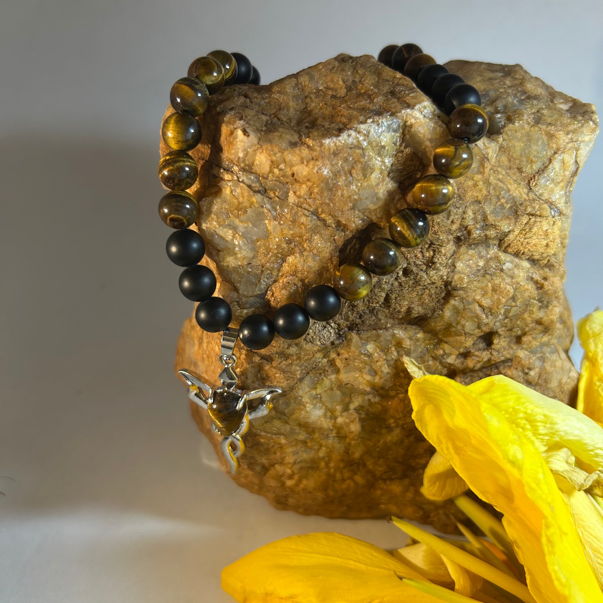 Ground & Ignite: Onyx + Tiger Eye Necklace with Tiger Eye Flame Pendant