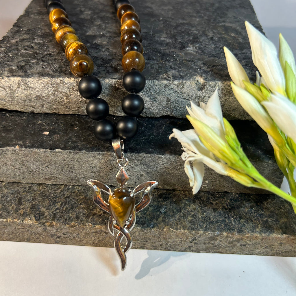 Ground & Ignite: Onyx + Tiger Eye Necklace with Tiger Eye Flame Pendant