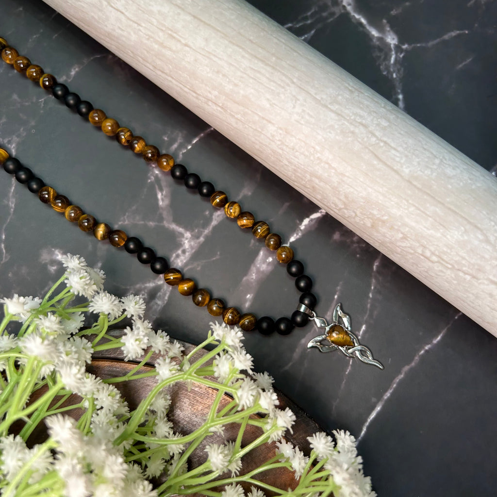 Ground & Ignite: Onyx + Tiger Eye Necklace with Tiger Eye Flame Pendant