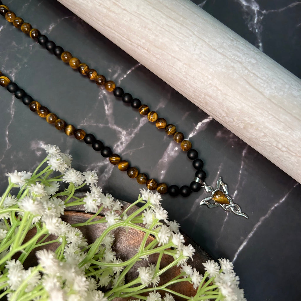 Ground & Ignite: Onyx + Tiger Eye Necklace with Tiger Eye Flame Pendant