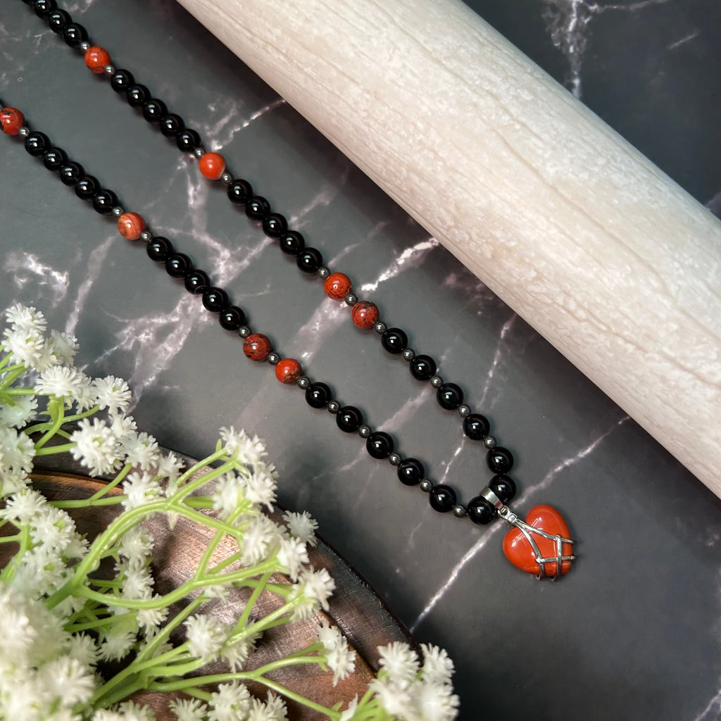 Shielded Heart: Red Jasper & Black Agate Grounding Necklace