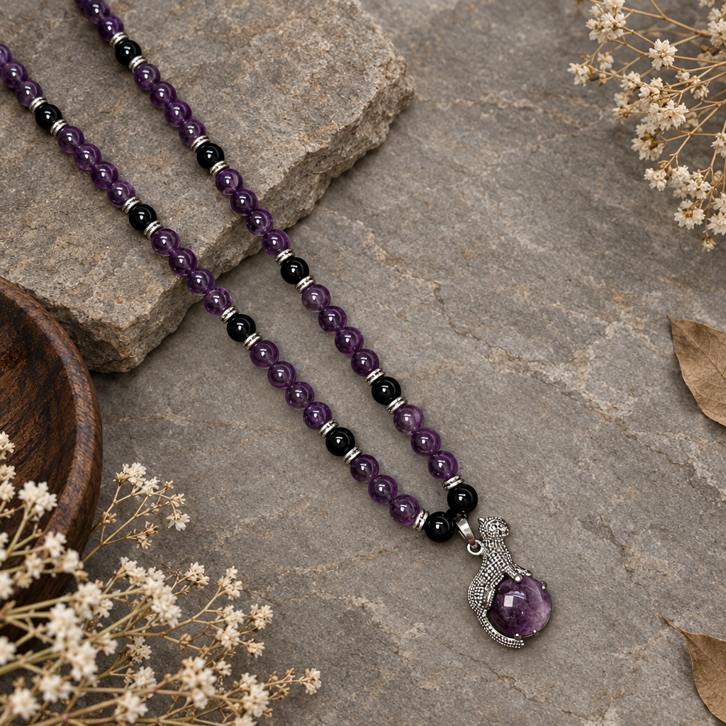 Silent Strength: Black Agate & Amethyst Necklace with Panther Pendant