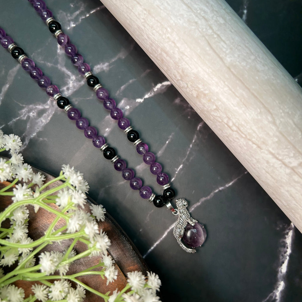Silent Strength: Black Agate & Amethyst Necklace with Panther Pendant