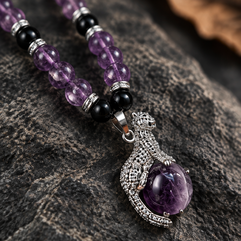 Silent Strength: Black Agate & Amethyst Necklace with Panther Pendant