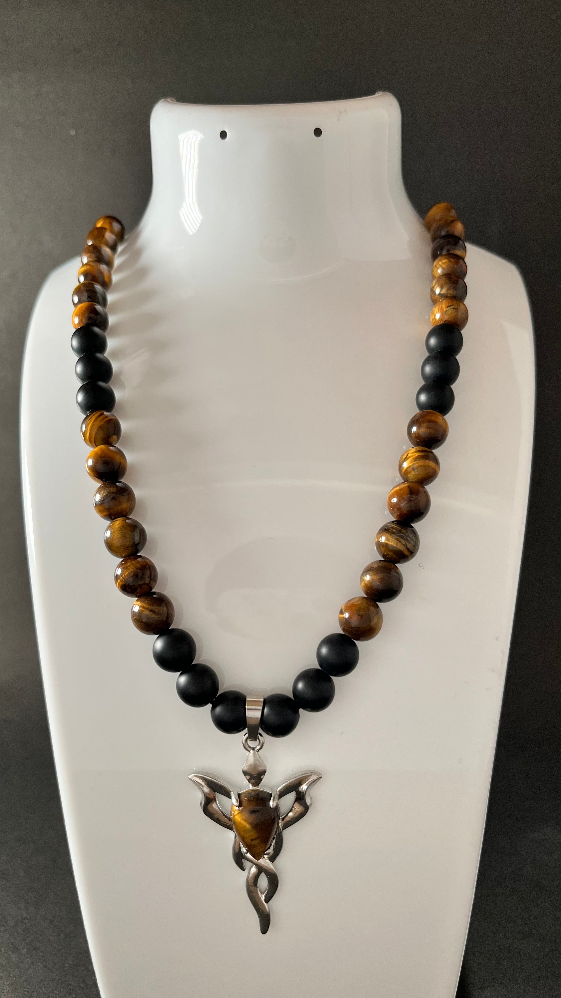 Ground & Ignite: Onyx + Tiger Eye Necklace with Tiger Eye Flame Pendant