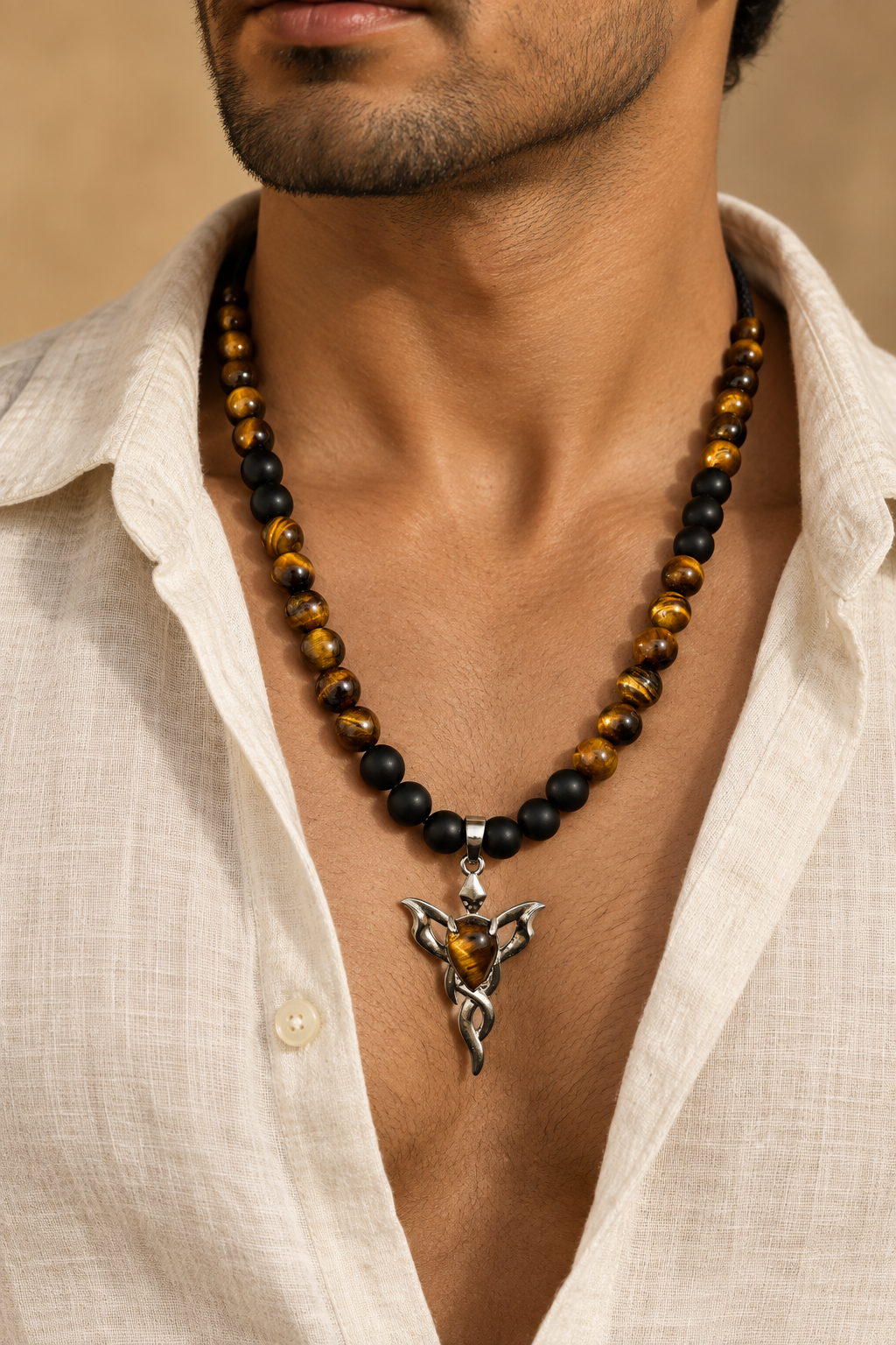 Ground & Ignite: Onyx + Tiger Eye Necklace with Tiger Eye Flame Pendant