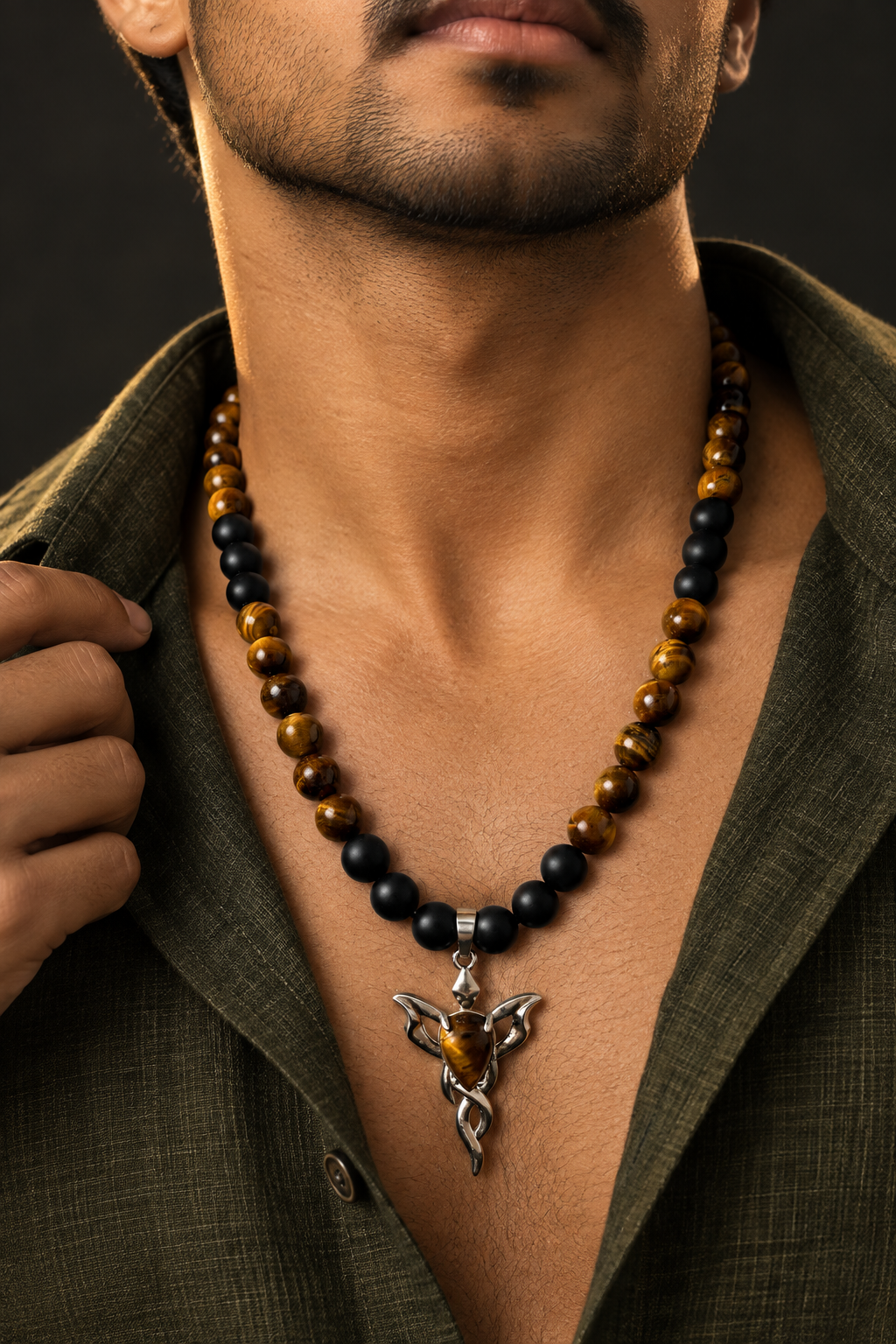 Ground & Ignite: Onyx + Tiger Eye Necklace with Tiger Eye Flame Pendant