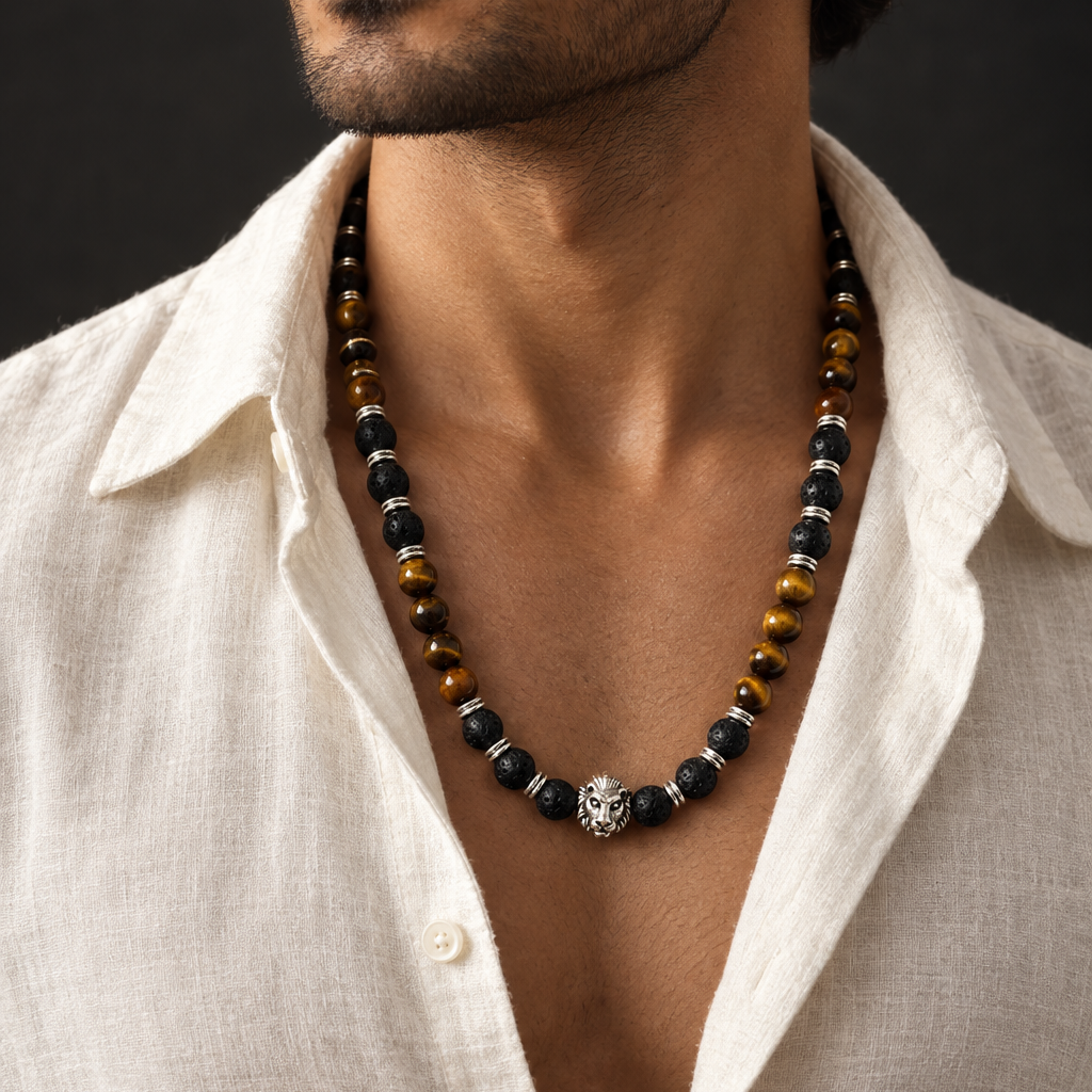 Inner Fire: Lava & Tiger Eye Strength Necklace with Tiger Charm