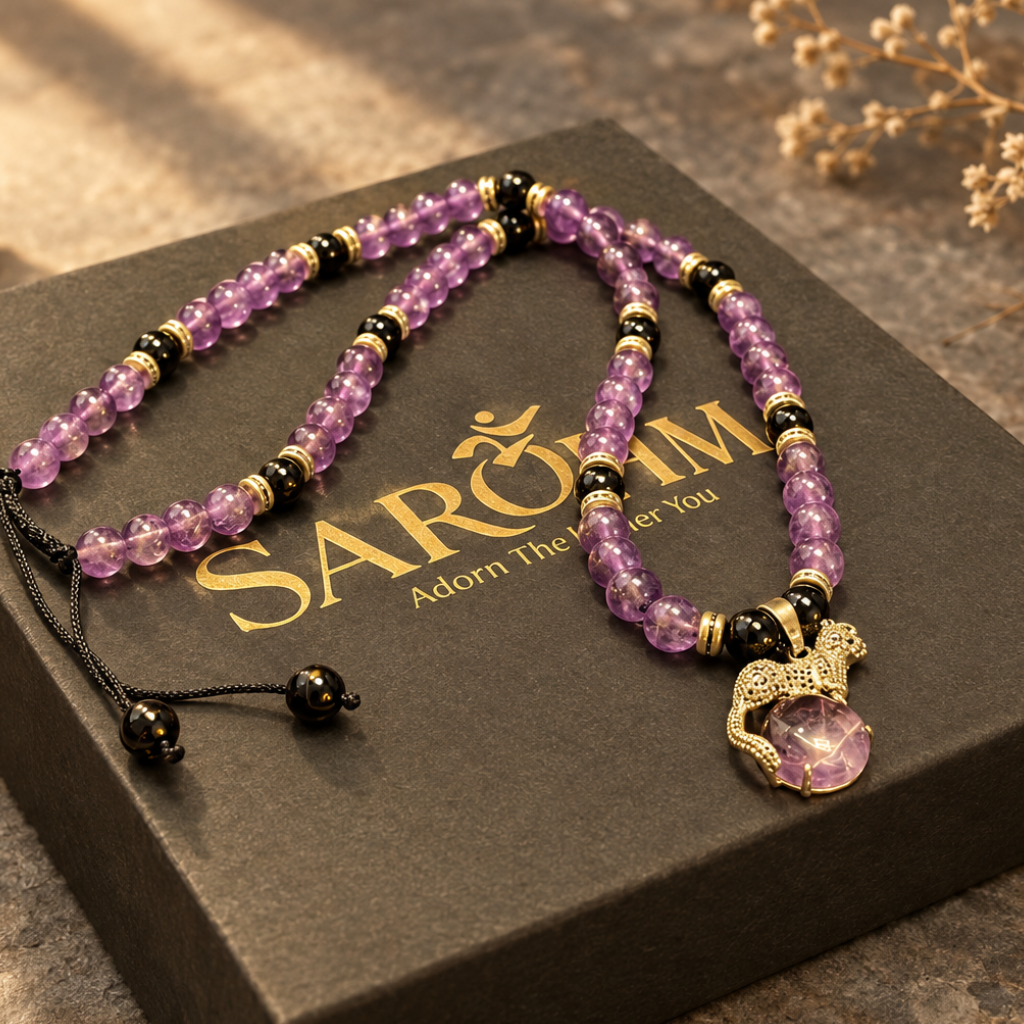 Silent Strength: Black Agate & Amethyst Necklace with Panther Pendant