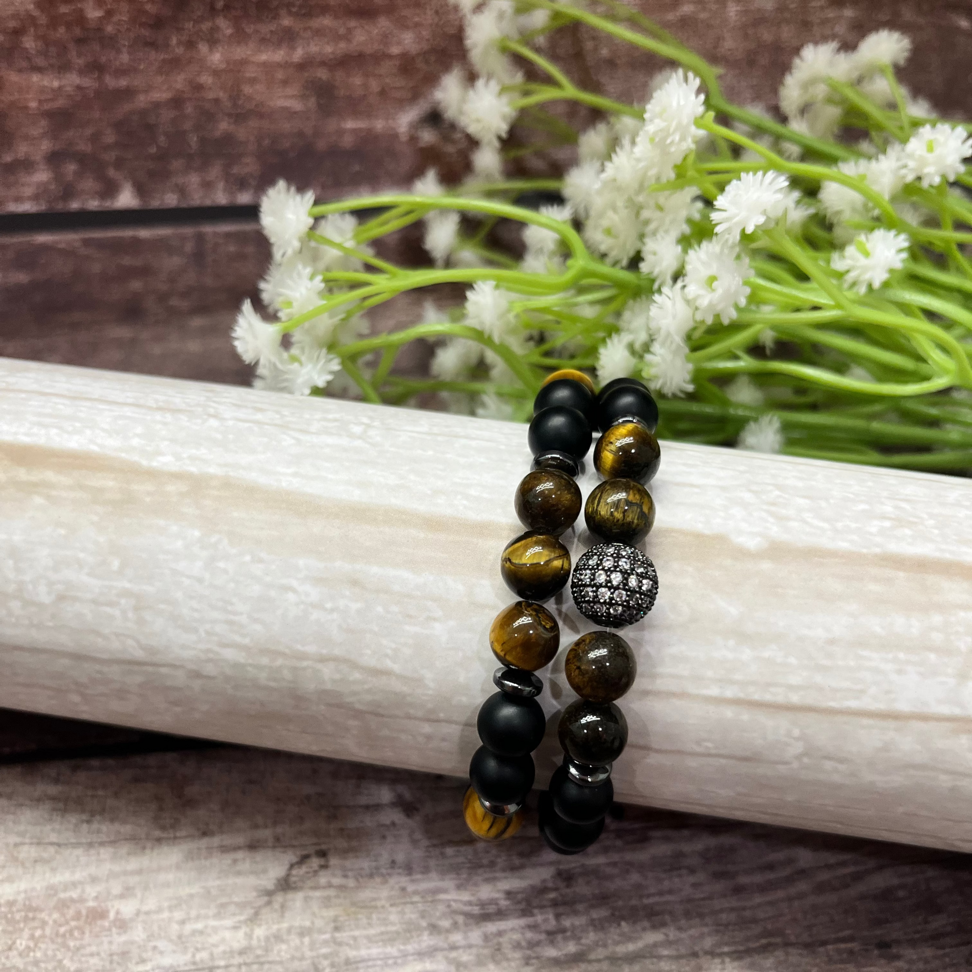 The Protector Set | Onyx & Tiger Eye with Signature Silver Charm