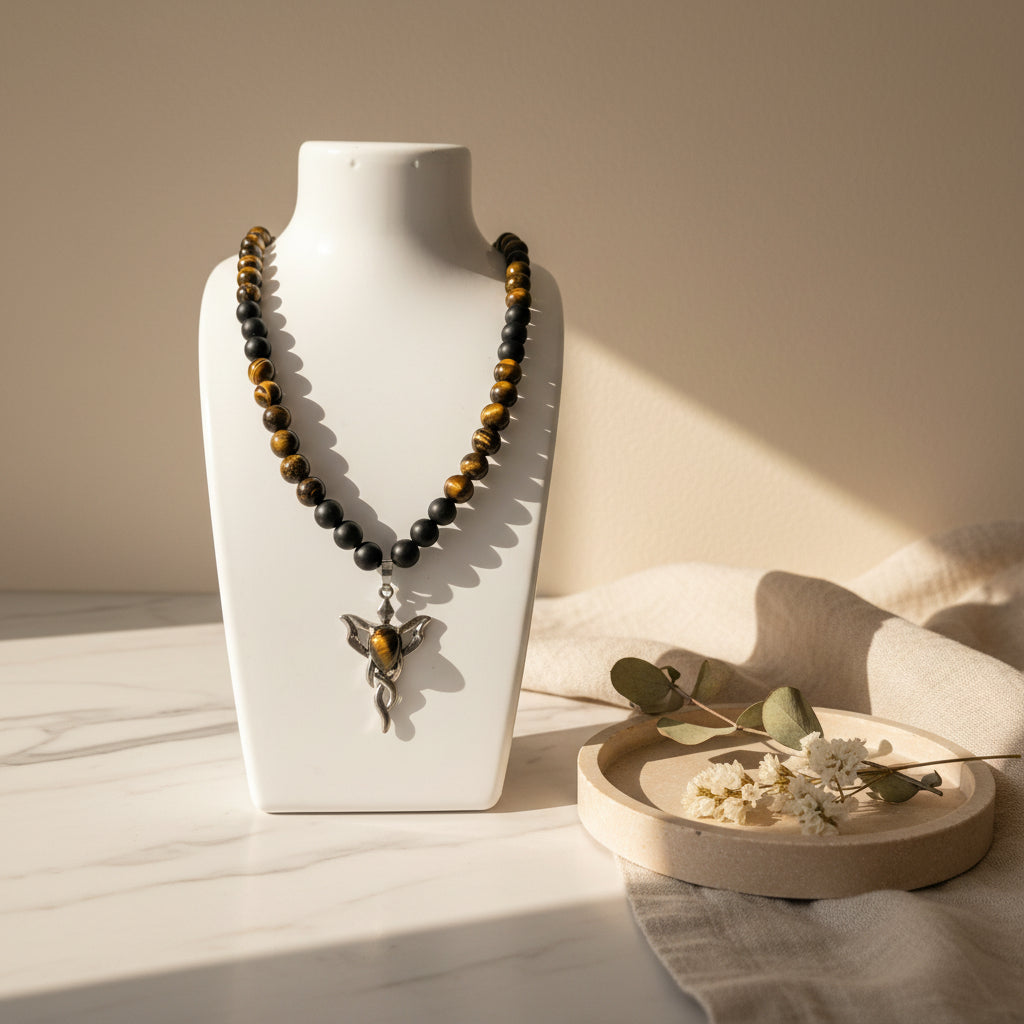 Ground & Ignite: Onyx + Tiger Eye Necklace with Tiger Eye Flame Pendant