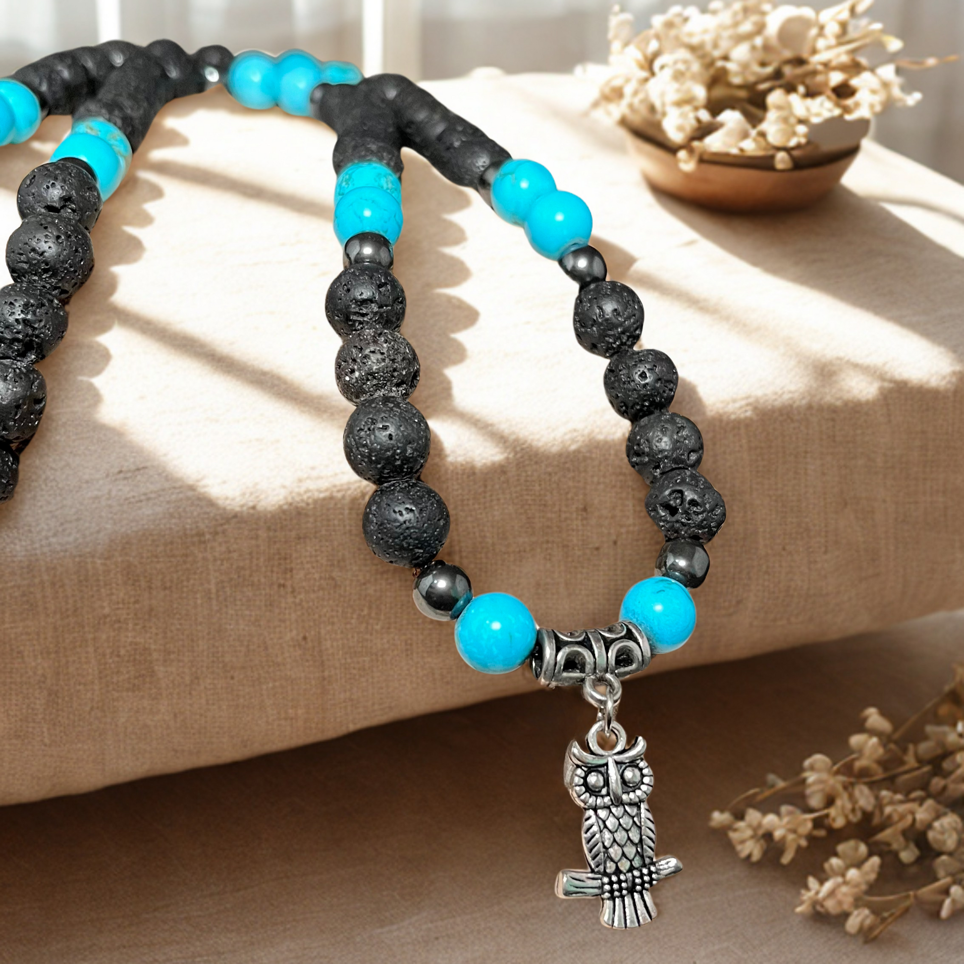 Wise Spirit Necklace | Lava & Turquoise with Owl Pendant