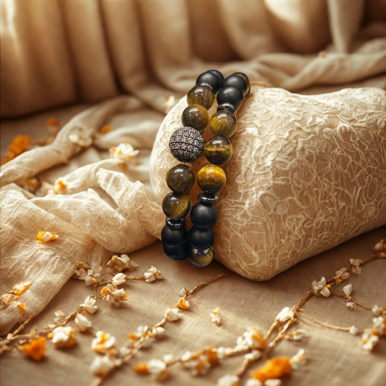 The Protector Set | Onyx & Tiger Eye with Signature Silver Charm