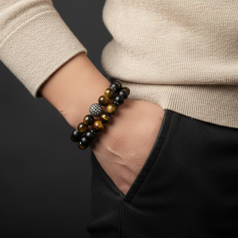 The Protector Set | Onyx & Tiger Eye with Signature Silver Charm