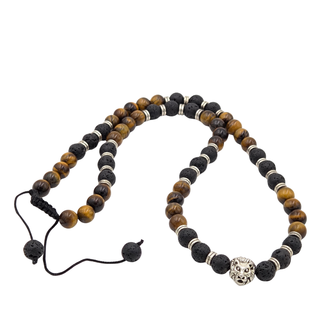 Inner Fire: Lava & Tiger Eye Strength Necklace with Tiger Charm