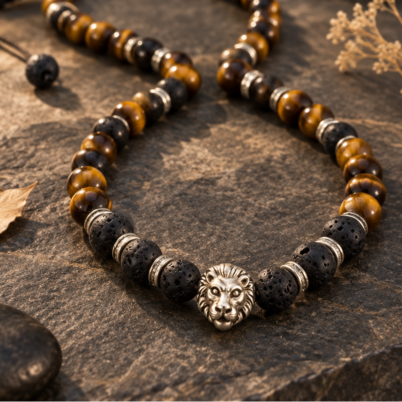 Inner Fire: Lava & Tiger Eye Strength Necklace with Tiger Charm