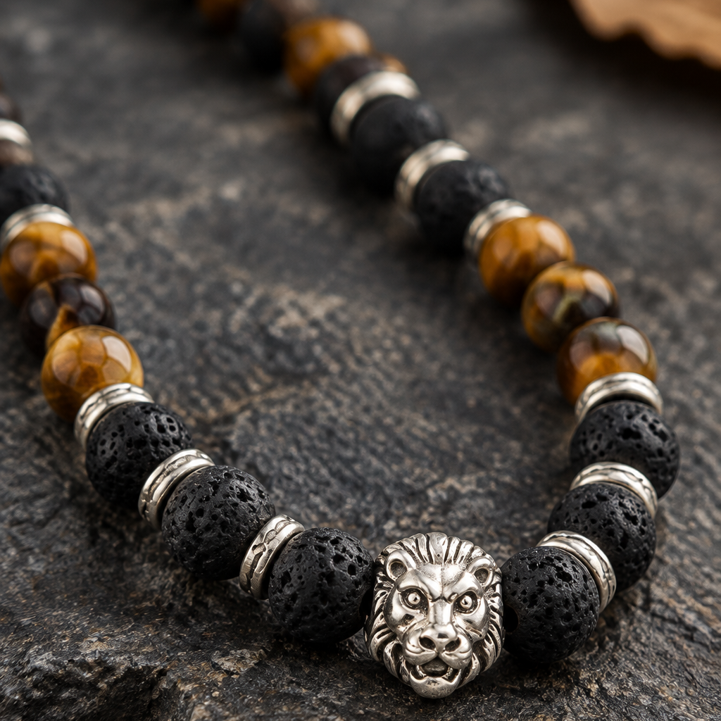 Inner Fire: Lava & Tiger Eye Strength Necklace with Tiger Charm